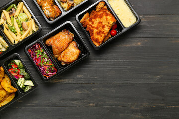 Lunch boxes with delicious food on dark wooden background