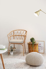 Wicker chair in interior of light living room