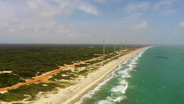 Group of wind turbines on the coastline. Mannar, Sri Lanka. Wind power plant.