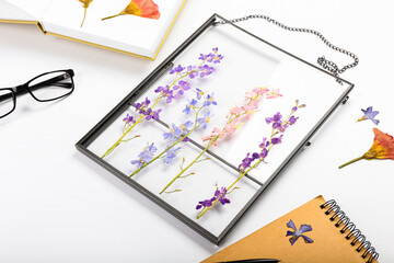 Frame with dried pressed flowers on white background