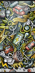 Electric cars hand drawn doodle banner. Cartoon detailed flyer.