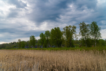 Fototapeta na wymiar Russia. May 16, 2021. Morning spring recreation center Vohotka landscape on Sukhodolsky lake.