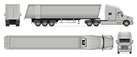 Semi-trailer dump truck vector mockup on white for vehicle branding, corporate identity. View from side, front, back and top. All elements in the groups on separate layers for easy editing and recolor - obrazy, fototapety, plakaty