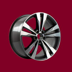 rim alloy wheel on a burgundy background.  wheel spokes of polished aluminum and gray elements.