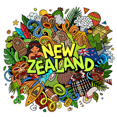 New Zealand hand drawn cartoon doodle illustration. Funny local design. - obrazy, fototapety, plakaty