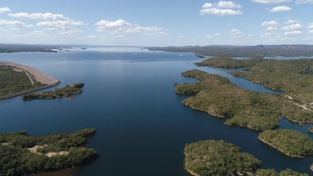 Aerial view of Manso Lake hydroelectric, Mato Grosso, Brazil. Great landscape. Travel destination. Vacation travel. Dam"s scene.