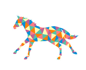 Polygonal colored running horse on a white background. Vector illustration
