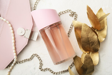 Perfume bottle, stylish handbag and plant branch on light background