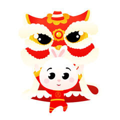 Cute rabbit in chinese national costume dancing lion dance in cartoon style for lunar new year decorative element
