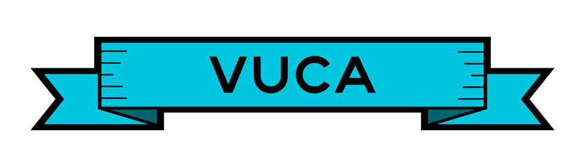 Vintage blue color ribbon banner with word VUCA (abbreviation of Volatility, uncertainty, complexity and ambiguity) on white background