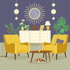 Living room interior with armchair, sideboard, lamps and house plants. Vector cartoon collection of home furniture. Flat style.