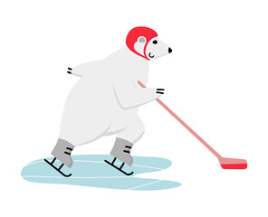 Polar bear ice hockey player. Funny mascot skating with stick and puck in attack.
