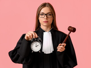 Young female judge with gavel and alarm clock on color background