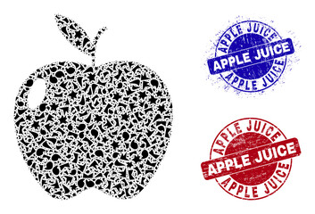 Round APPLE JUICE textured stamp seals with caption inside round shapes, and fraction mosaic apple fruit icon. Blue and red seals includes APPLE JUICE caption.