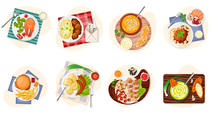 Set of lunches, dinners. Healthy, fast food menu. Various meals menu. Fish, salad, cream soup, mash potato, meatballs, hamburger, sausages, bread. Appetizing restaurant plates. Vector illustration