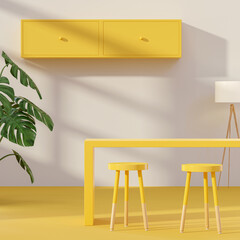 Yellow interior with yellow table interior for product placement 3d render 