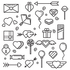 line and outline vector heart, candy, gift, chocolate, wing, arrow, archery, message and others, Day concept. Valentine and wedding collection on white background