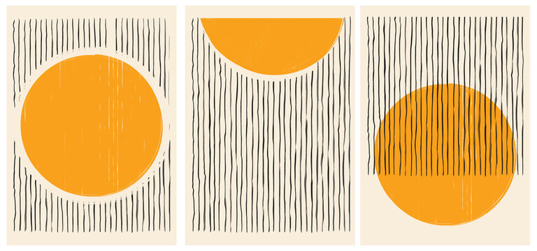 Minimalist 20s Bauhaus Style Abstract Compositions. Hand Painted Mid-Century Geometrical Wall Decoration.