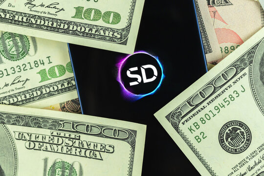 Stader token logo and money. New crypto currency, digital money and virtual trade business concept photo