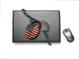Laptop locked with chain and padlock. USA