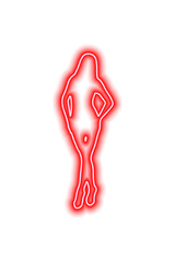 Red neon silhouette of a girl with long hair who stands in a beautiful pose on white