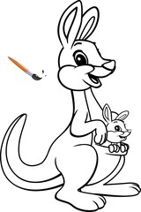 Coloring page. Happy kangaroo with baby in the pocket. Vector illustration.