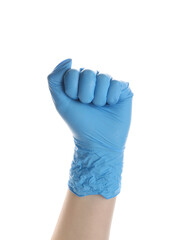 Woman in blue medical glove with clenched fist on white background