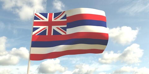 3D render of the state flag of Hawaii against the sky. 