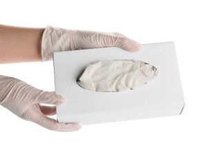 Female doctor holding box with medical gloves on white background