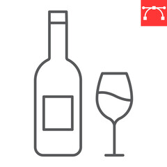 Wine line icon, beverage and celebration, Wine bottle with wine glass vector icon, vector graphics, editable stroke outline sign, eps 10.
