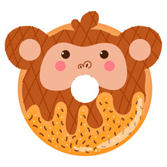 Cute monkey donut, tasty sweets for kids in cartoon childish style isolated on white background, element for bakery