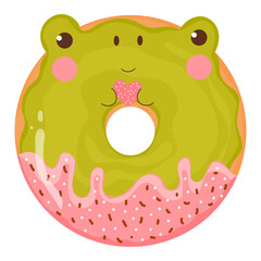 Cute green frog donut with pink icing, tasty sweets for kids in cartoon childish style isolated on white background