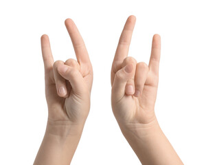 Child showing "devil horns" gesture on white background