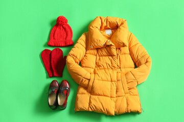 Winter jacket, hat, mittens and shoes on green background © Pixel-Shot