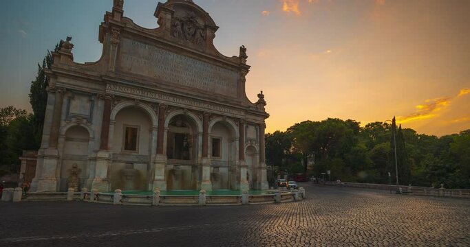 4K timelapse footage of Janiculum Fountain in Rome at the sunset