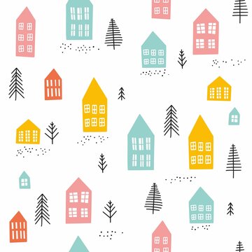 A pattern of silhouettes of European houses