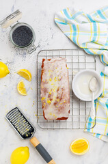 Pound cake. Freshly baked loaf with poppy seeds, lemon zest and icing sugar on a marble backgrounds. The concept of home baking. Citrus dessert. Breakfast for gourmets.  Selective focus, top view