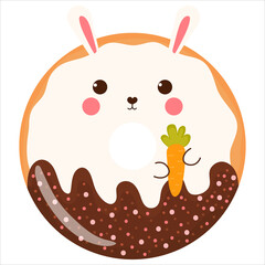 Cute rabbit holding carrot donut with chocolate glaze, tasty sweets for kids in cartoon childish style