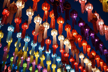 Obraz premium Colorful International and traditional Lanterns at Loi Krathong (Yi Peng) Festival, Chiang Mai, Thailand.
