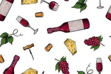 Seamless pattern of winery stuff, color vector illustration