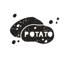 Potato grunge sticker. Black texture silhouette with lettering inside. Imitation of stamp, print with scuffs. Hand drawn isolated illustration on white background