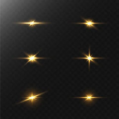 Shining light effects isolated on transparent background, glare, lines, golden light particles. Set of vector stars.