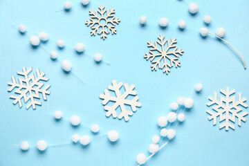 Beautiful different snowflakes on blue background