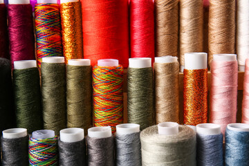 Closeup view of different beautiful sewing threads