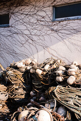 コンクリートの壁に蔦が絡まる風景と漁具