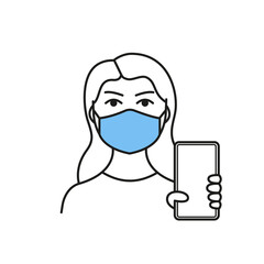 Woman in face mask. Art lined icon. Virus prevention. Protection from virus. Social distance concept. Woman are showing smartphone with QR code. Vector illustration.