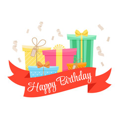 Happy Birthday congratulation banner. Gifts for birthday. Different types of boxes for birthday. Vector illustration.