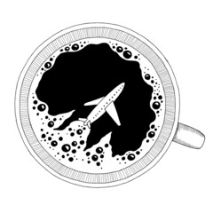 Plane takes off in the cup of coffee graphic black white isolated sketch illustration vector