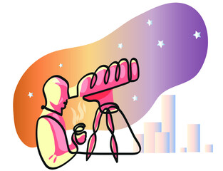 One line drawing of amateur astronomer.
One continuous line drawing of telescope and astronomy concept.