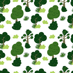 Colorful seamless pattern of different trees and bushes. Vector forest illustration on white background. Simple cartoon flat style. The best for design textile fabric paper, wallpaper, kids. Wrapping.